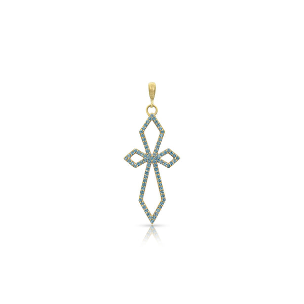 Dominique Cohen delicate art deco cross with hinge bail<br>in blue diamonds and 18k yellow gold <span class='visuallyhidden'>Text, call 323-404-2959 for shopping help.</span>